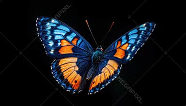 Stunning blue and orange butterfly gracefully flying against a dark background