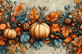 fall harvest decoration, contemporary thanksgiving banner featuring acorns, gourds, and leaf patterns elegantly