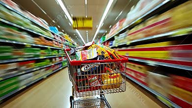 A shopping cart loaded with various food items navigates a bustling supermarket aisle