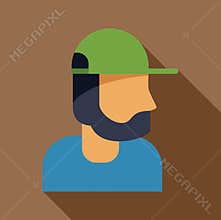 Bearded man wearing green baseball cap and blue t shirt, flat design illustration
