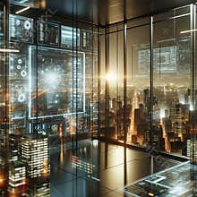 A futuristic, high-tech control room with a panoramic view of a city skyline.