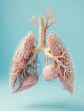 Human lungs represented in 3D, featuring a cross-section highlighting alveoli and bronchi, set against a soft blue background