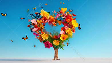 Vibrant Heart-Shaped Floral Tree with Butterflies against Clear Blue Sky. Valentine\'s day concept