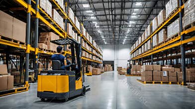 Warehouse worker driving forklift arranging goods in distribution center