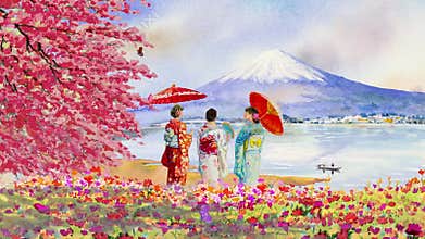 Travel cherry blossom with kimono lady and butterfly in fuji background