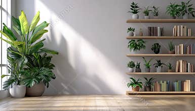 Stylish contemporary bookshelf with plants for modern office decor and backgrounds