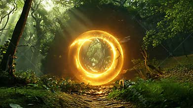 Mystical golden portal in a lush green forest with sunrays shining through the trees