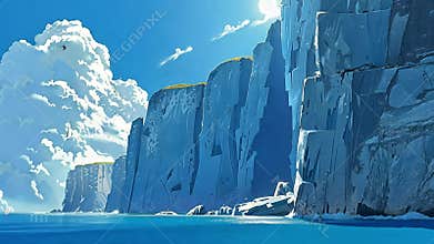 Tall cliffs along a blue ocean with a puffy white cloud in a clear blue sky