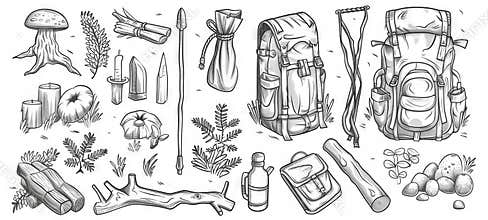 Black and White Hand-drawn Style Set of Camping Essentials Featuring Backpack, Compass, and Tools. Concept of Outdoor