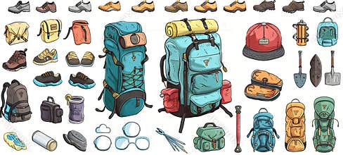 Illustrative Collection of Camping Gear and Accessories for Outdoor Adventures. Concept of Backpacking Essentials