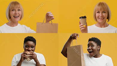 Happy women enjoying takeout food and coffee against a bright yellow background