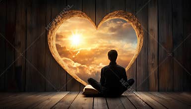 Man Contemplating Sunset Against Heart Shape Book Page: Exploring People, Religion, Love, Wisdom, And Knowledge. A