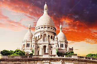 Sacre Coeur Cathedral on Montmartre Hill at Dusk