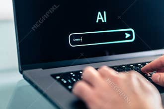 AI prompt chat bot. Search website to generate data, text or image. Man using computer with artificial intelligence app.