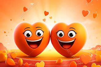 two hearts in cartoon style with a smiling face and eyes on a light background.