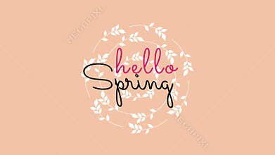 Hello Spring greeting card elegant cursive letters on pink background with vibrant leaves and vines