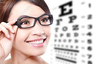 Woman with glasses and eye test chart