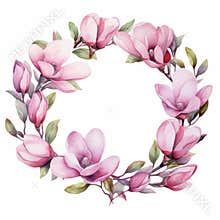 watercolor wreath of flowers and leaves of magnolia.