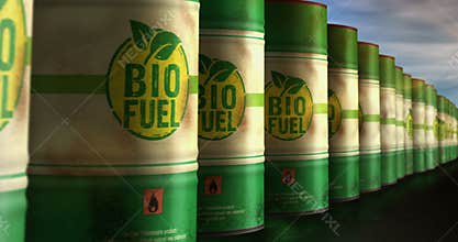Biofuel green and clean eco renewable fuel barrels in row endless