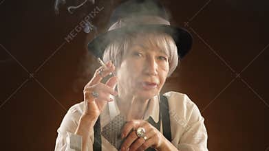 Sophisticated Senior Lady in Poker Game with Cigar