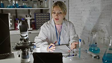 A focused young woman scientist conducts research in a modern laboratory, examining samples and discussing findings