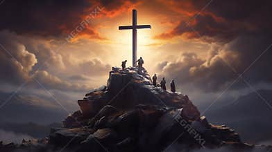 Silhouette jesus lord cross symbol on Calvary mountain sunset background. crucifixion of Jesus, crucifixion, religion and