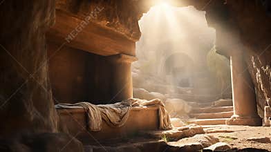 Jesus Christ resurrection. Empty tomb of Jesus with light. Born to die, born to rise. He is not here he is risen. savior, messiah