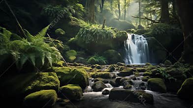 Beautiful waterfall in green forest, Hidden woodland waterfall, cascading over moss-covered rocks, surrounded by a carpet of ferns
