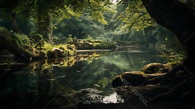 View along a peaceful woodland river with a shallow rocky bed, with green reflections in the still water, peaceful woodland pond,