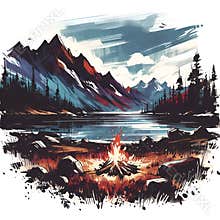 A campfire in the lake with colorful breathtaking landscape, mountain, tree, logo style, t-shirt design, painting, fantasy art