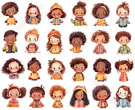 Collection of isolated cute cartoon kids with different emotion faces, happy little children avatars, multiethnic characters boys