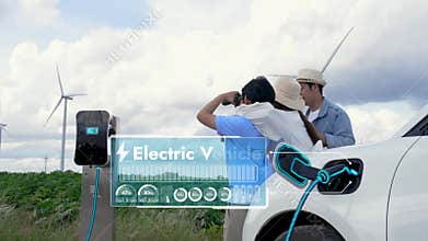 Modern family travel and nature with eco-friendly EV car concept. Peruse