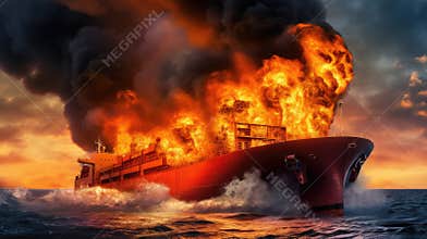 Fire on a container ship at sea. Shipping is one of the most important engines of the modern economy