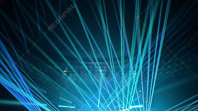 a colorful light show and a huge number of multicolored laser beams in a large indoor space