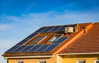 Photovoltaic panels on the roof of family house, solar panels