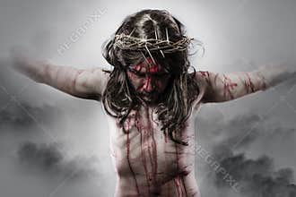 Representation of jesus christ on the cross on Cloud Background