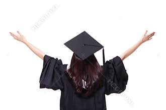 Back view of graduate student girl hug future