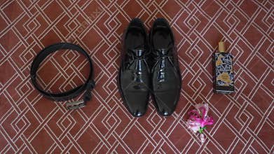 MOSCOW, RUSSIA - SEPTEMBER, 2, 2021: Men clothing, accessories of groom wedding day