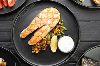 Buffet, banquet and restaurant menu concept. Fish meals variety, flat lay. Top view on buffet with assortment of healthy