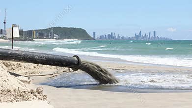 A sand pumping pipe spewing sand slurry to replenish the sand on a beach