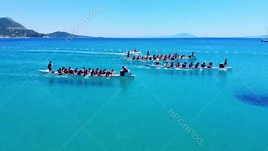 Dragon boat racing, a sport activity in turquoise color Mediterranean sea, Marmaris, Turkey