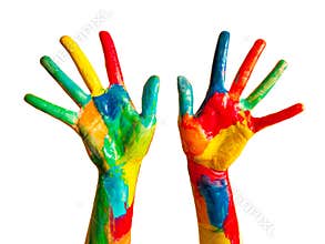 Painted hands, colorful fun. Isolated
