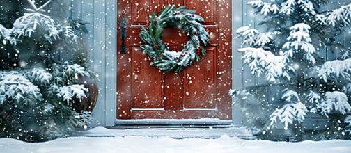 Red Door Adorned With Christmas Wreath