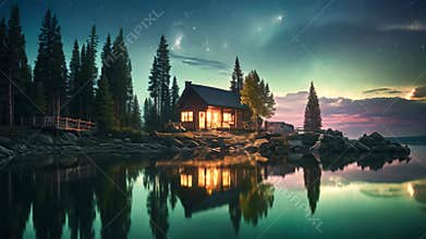 Experience ultimate tranquility as you retreat to this picturesque cabin on the shore of a glistening lake, under a starry night