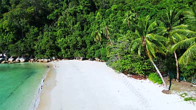 lonely alone secluded blue water beach. Stunning aerial op view flight drone