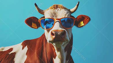 Cow with sunglasses on blue background. Generative AI