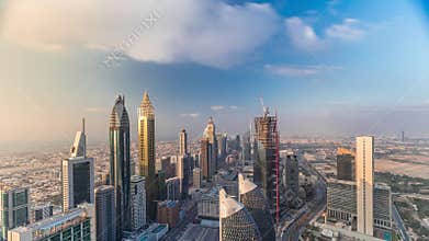 Skyline view of the buildings of Sheikh Zayed Road and DIFC aerial timelapse in Dubai, UAE.
