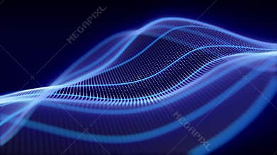 Loopable animation of glowing blue waves made of particles and neon lines