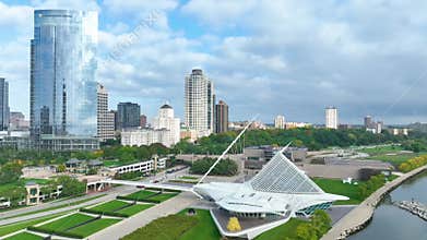Aerial Milwaukee Skyline and Art Museum with Lake Michigan