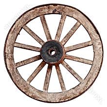 Old wooden wagon wheel on white background